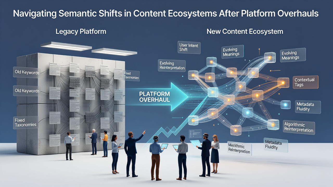 Graph depicting semantic drift metrics and content repositioning strategies following a major platform update