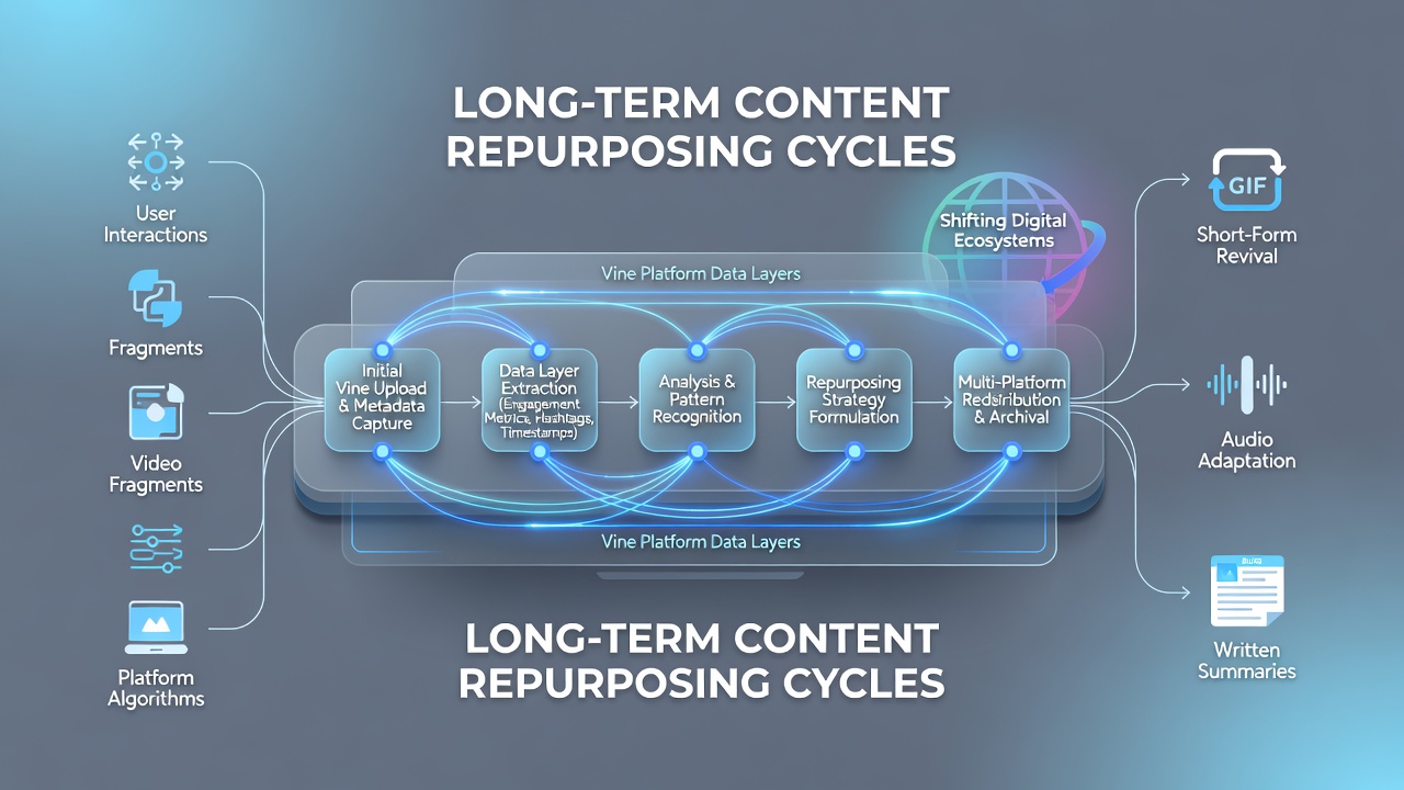 Diagram illustrating content repurposing workflows influenced by Vine data layer analytics in evolving search conditions